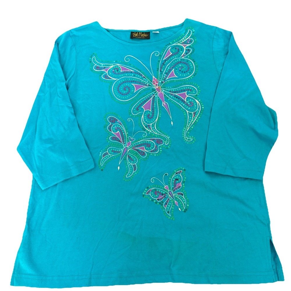 Bob‎ Mackie Wearable Art Sz L Blue Butterfly Sequin 3/4 Sleeve Cotton Tunic Top